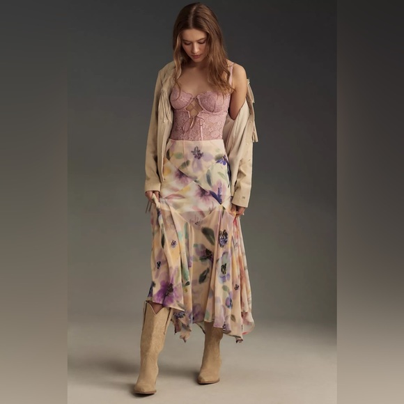 NWT By Anthropologie Asymmetrical Painterly Floral Midi Skirt - Picture 6 of 8